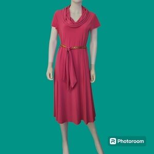 LENNIE by Nina Leonard 1990s Pink Cowl Neck Chain Tie Waist Short Sleeve Dress
